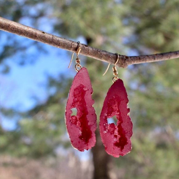 14K Gold Geode Resin Stone Drop Teardrop Earrings - Picture 5 of 9